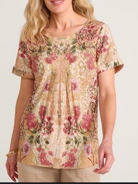Soft Surroundings Woman’s 1X Floral Short-Sleeve Scoop Neck Top - Pink & Cream